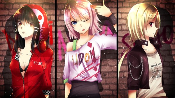 Anime picture 1920x1080 with utau utaune nami shiho koene kajine asuka na-miey long hair looking at viewer blush fringe highres short hair breasts blue eyes black hair blonde hair red eyes wide image bare shoulders multiple girls brown eyes