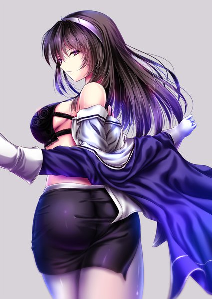 Anime picture 708x1000 with kantai collection ashigara heavy cruiser akeyama kitsune single long hair tall image looking at viewer fringe breasts light erotic simple background brown hair large breasts purple eyes bare shoulders cleavage looking back grey background undressing girl