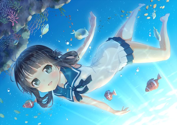 Anime picture 1300x918 with nagi no asukara p.a. works shiodome miuna ichi makoto long hair looking at viewer blush open mouth blue eyes black hair barefoot underwater girl dress fish (fishes) sailor suit