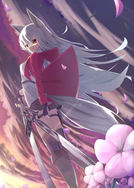 Anime picture 1073x1500 with original shiro youduki single long hair tall image looking at viewer fringe hair between eyes red eyes standing holding animal ears sky silver hair cloud (clouds) outdoors tail long sleeves animal tail wind