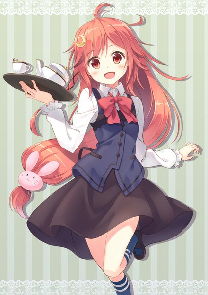 Anime picture 800x1132 with kantai collection uzuki destroyer hyuuga azuri single long hair tall image looking at viewer blush open mouth smile red eyes pink hair ahoge red hair :d maid crescent waitress girl dress