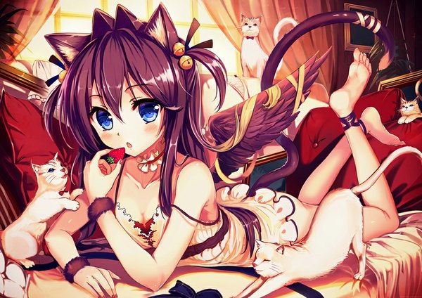 Anime picture 1000x708 with original akabane (zebrasmise) single long hair looking at viewer blush open mouth blue eyes light erotic animal ears purple hair tail lying animal tail barefoot cat ears cat girl cat tail girl animal