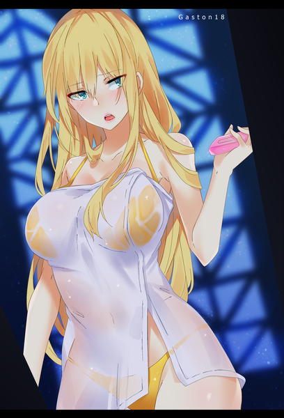 Anime-Bild 2784x4093 mit kono subarashii sekai ni shukufuku wo! studio deen darkness (konosuba) tongasart single long hair tall image blush fringe highres breasts open mouth blue eyes light erotic hair between eyes large breasts holding signed looking away lipstick