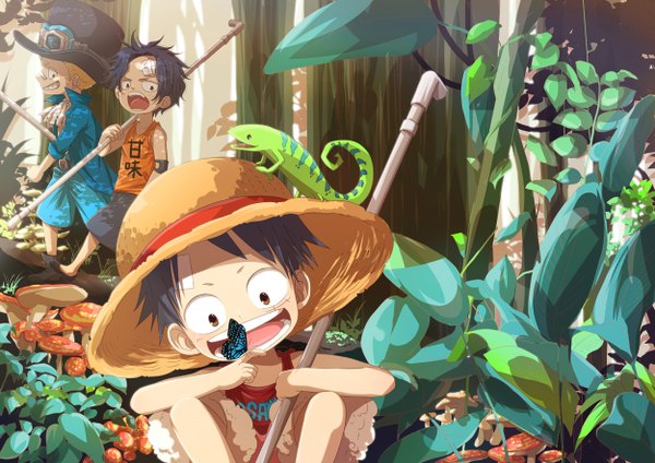 Anime picture 1250x884 with one piece toei animation monkey d. luffy portgas d. ace sabo (one piece) nyuu men short hair open mouth black hair blonde hair group alternate age bandaid on nose boy plant (plants) hat animal tree (trees) insect butterfly