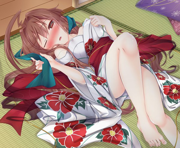 Anime picture 3000x2482 with kantai collection kuma light cruiser ko yu single long hair looking at viewer blush fringe highres open mouth light erotic hair between eyes red eyes brown hair bare shoulders brown eyes ahoge bent knee (knees) lying traditional clothes