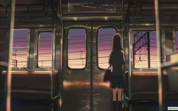 Anime picture 1920x1200 with 5 centimeters per second highres short hair brown hair wide image from behind girl uniform school uniform bag wire (wires) power lines train