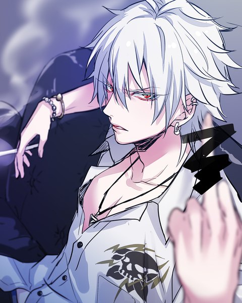 Anime picture 720x900 with hypnosis mic aohitsugi samatoki huwakemushi03 single tall image looking at viewer fringe short hair hair between eyes red eyes sitting holding upper body white hair parted lips censored blurry short sleeves piercing ear piercing