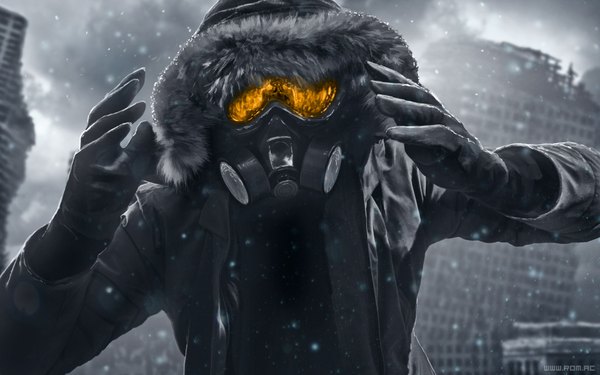 Anime picture 1920x1200 with romantically apocalyptic alexiuss single highres wide image open clothes open jacket reflection snow ruins destruction post-apocalyptic boy gloves jacket fur hood building (buildings) mask gas mask