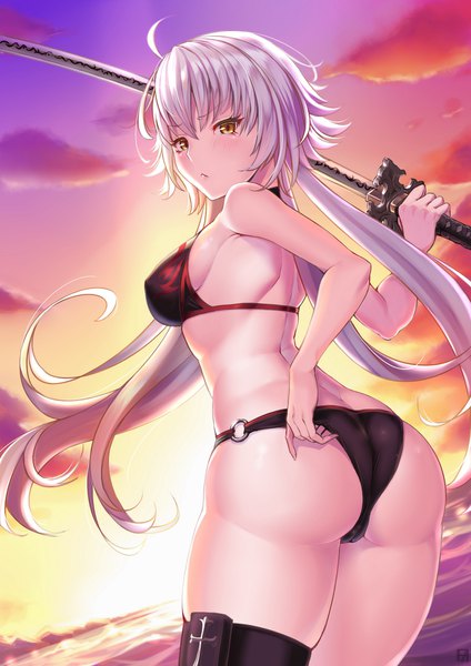 Anime picture 1240x1754 with fate (series) fate/grand order jeanne d'arc (fate) (all) jeanne d'arc alter (fate) jeanne d'arc alter (swimsuit berserker) (fate) sunday se7en single long hair tall image looking at viewer blush fringe breasts light erotic hair between eyes holding yellow eyes sky silver hair cloud (clouds)