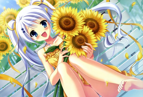 Anime picture 2945x2000 with original tanihara natsuki long hair blush highres open mouth light erotic twintails green eyes white hair barefoot pantyshot sitting girl ribbon (ribbons) hair ribbon petals sundress sunflower bench