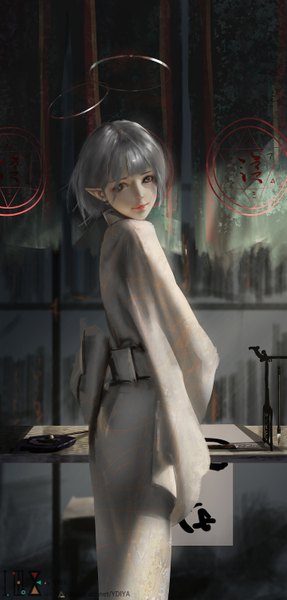 Anime picture 1440x3004 with original ydiya single tall image looking at viewer fringe short hair smile standing signed indoors blunt bangs traditional clothes japanese clothes looking back lips pointy ears wide sleeves grey eyes magic