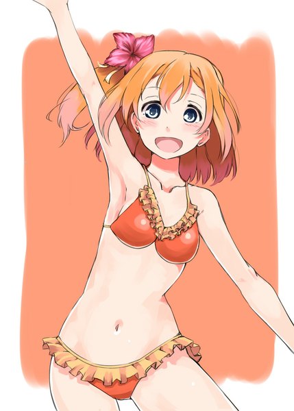 Anime picture 777x1087 with love live! school idol project sunrise (studio) love live! kousaka honoka asterism single long hair tall image looking at viewer blush open mouth light erotic bare shoulders hair flower orange hair bare belly armpit (armpits) one side up waving girl