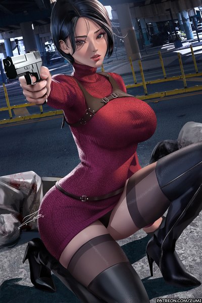 Anime picture 800x1200 with resident evil ada wong zumi (zumidraws) single tall image looking at viewer blush fringe short hair breasts light erotic black hair large breasts standing holding brown eyes signed outdoors parted lips arm up