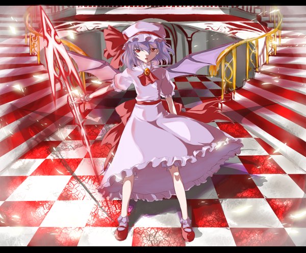 Anime picture 1280x1060 with touhou remilia scarlet oudanhodou single short hair red eyes purple hair letterboxed checkered floor bat wings girl dress hat wings stairs spear spear the gungnir