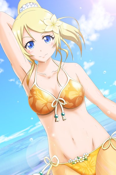 Anime picture 1000x1500 with love live! school idol project sunrise (studio) love live! ayase eli zangaku single long hair tall image looking at viewer blush blue eyes light erotic blonde hair smile sky cloud (clouds) ponytail hair flower girl navel