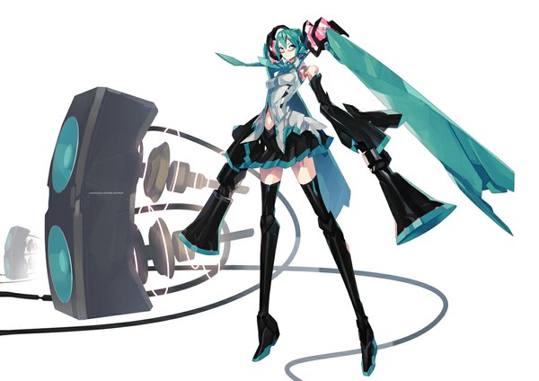 Anime picture 1169x827 with vocaloid hatsune miku pump single long hair twintails aqua eyes aqua hair girl detached sleeves glasses necktie wire (wires) speakers megaphone