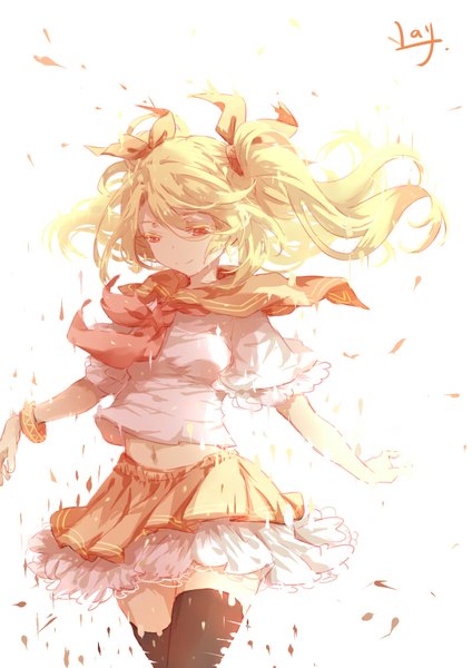 Anime picture 800x1132 with original lay (artist) single long hair tall image simple background blonde hair smile standing white background twintails signed pleated skirt wind sunlight bare belly orange eyes looking down spread arms girl