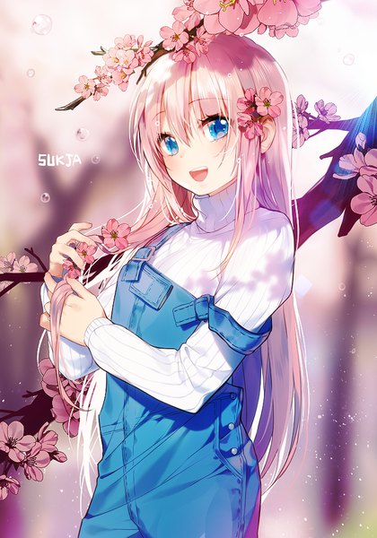 Anime picture 700x1000 with original sorolp single long hair tall image looking at viewer blush open mouth blue eyes blonde hair signed blurry depth of field cherry blossoms girl flower (flowers) turtleneck overalls