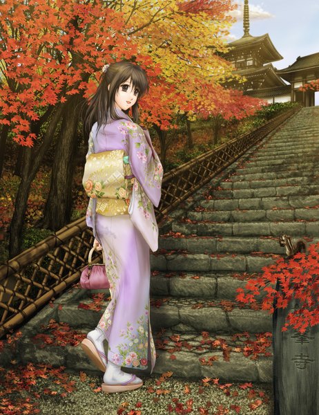 Anime picture 1665x2162 with original ntake toukasaien single long hair tall image open mouth brown hair brown eyes japanese clothes looking back autumn girl plant (plants) tree (trees) kimono leaf (leaves) obi bag stairs