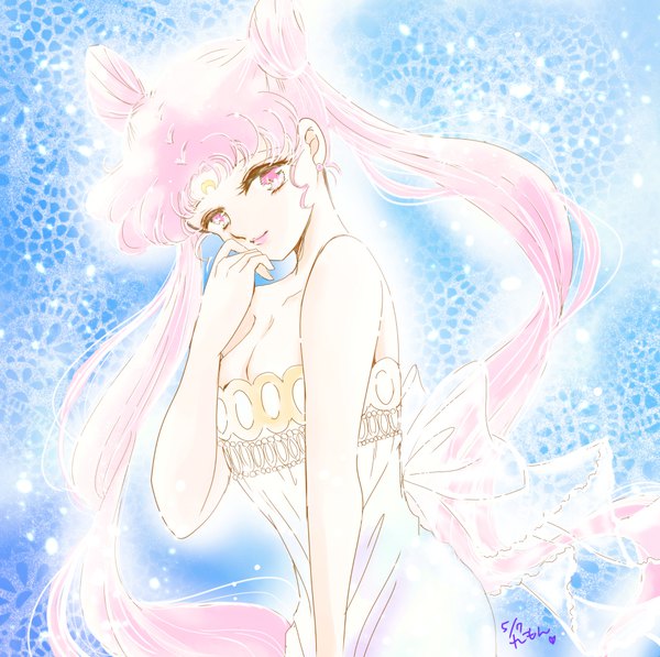 Anime picture 978x974 with bishoujo senshi sailor moon toei animation chibiusa princess usagi small lady hoshi remon single long hair looking at viewer twintails pink hair cleavage head tilt pink eyes hair bun (hair buns) lipstick turning head blue background pink lipstick hand to mouth forehead mark