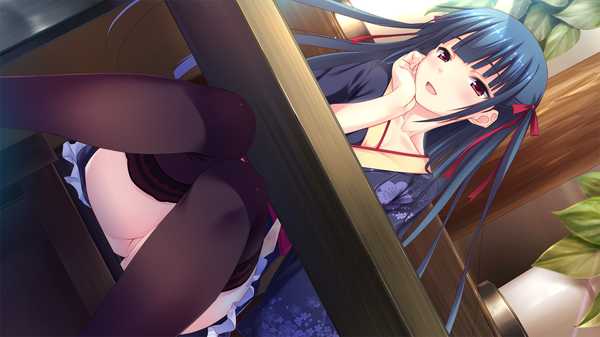 Anime picture 1280x720 with ero mangaka-san to binbou shimai okiyo tamahiyo single long hair looking at viewer blush fringe open mouth light erotic red eyes wide image blue hair indoors traditional clothes japanese clothes arm support from below floral print looking down