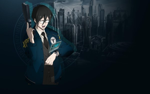 Anime picture 1600x1000 with psycho-pass production i.g nobuchika ginoza single short hair open mouth black hair wide image grey eyes city boy glasses necktie gun suit clock pocket watch