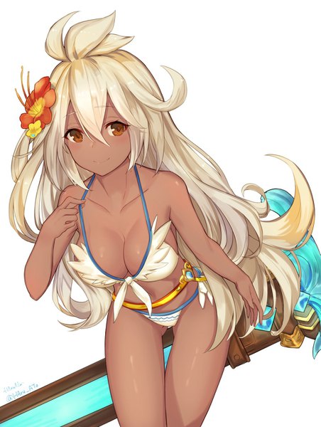 Anime picture 1000x1326 with granblue fantasy the order grande ato (haru ato) single long hair tall image looking at viewer fringe light erotic blonde hair smile hair between eyes standing brown eyes signed hair flower leaning leaning forward twitter username shiny skin