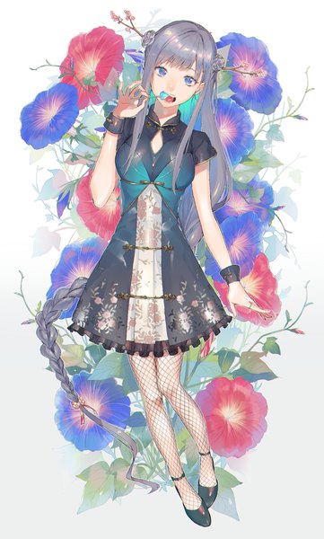 Anime picture 1825x3035 with original sinomi single long hair tall image looking at viewer highres open mouth blue eyes white background full body head tilt hair bun (hair buns) floral background girl dress flower (flowers) pantyhose food sweets