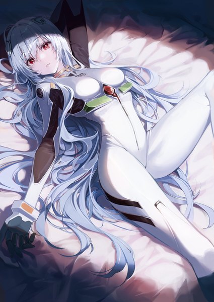Anime picture 2823x3986 with neon genesis evangelion rebuild of evangelion evangelion: 3.0+1.0 thrice upon a time gainax ayanami rei buri (retty9349) single long hair tall image looking at viewer fringe highres breasts hair between eyes red eyes lying arm up from above aqua hair on back