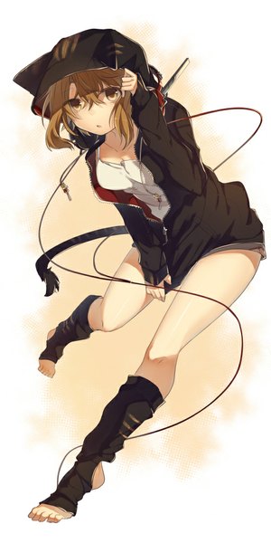 Anime picture 500x1000 with original teigi single tall image short hair brown hair brown eyes girl jacket headphones hood