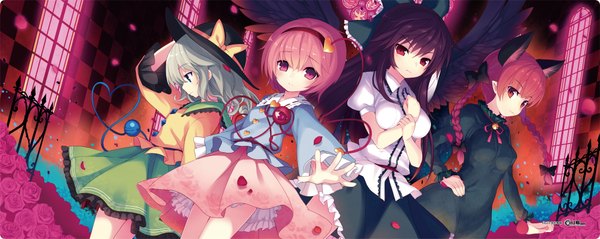 Anime picture 4132x1652 with touhou komeiji koishi komeiji satori reiuji utsuho kaenbyou rin minamura haruki long hair highres short hair black hair red eyes wide image multiple girls animal ears pink hair red hair braid (braids) green hair cat ears cat girl