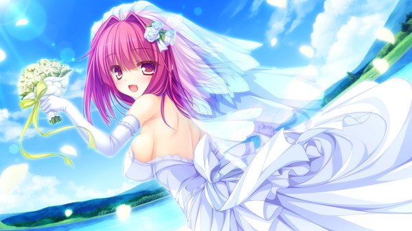 Anime picture 1920x1080 with kujiragami no tearstilla narumi marine mikagami mamizu single blush highres short hair open mouth wide image yellow eyes pink hair game cg sky cloud (clouds) girl dress gloves flower (flowers) petals elbow gloves