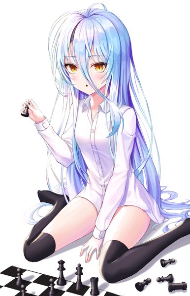 Anime picture 2900x4500 with no game no life madhouse shiro (no game no life) ryon y0421 single tall image blush fringe highres simple background hair between eyes white background sitting blue hair very long hair orange eyes no shoes wariza slit pupils naked shirt