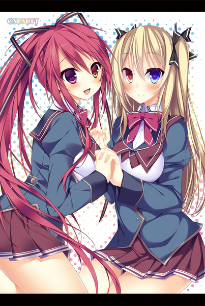 Anime picture 913x1360 with original sorai shin'ya long hair tall image looking at viewer blush blue eyes blonde hair red eyes purple eyes multiple girls pink hair heterochromia holding hands letterboxed girl skirt uniform ribbon (ribbons) 2 girls
