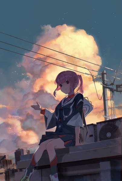 Anime picture 1380x2048 with virtual youtuber kamitsubaki studio virtual kaf kaf (kamitsubaki studio) karasuro single tall image fringe short hair sitting payot looking away pink hair sky cloud (clouds) outdoors ponytail blunt bangs girl power lines