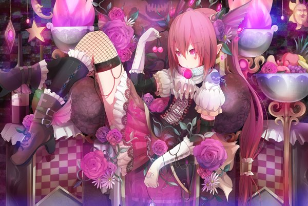 Anime picture 1500x1007 with original ogipote long hair pink hair pink eyes checkered girl dress flower (flowers) boots star (symbol)