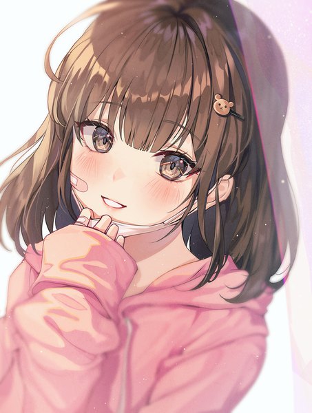 Anime picture 1200x1587 with original ttosom single long hair tall image looking at viewer blush fringe smile brown hair brown eyes upper body blunt bangs long sleeves parted lips head tilt sleeves past wrists bandaid on face mask pull bandaid on hand