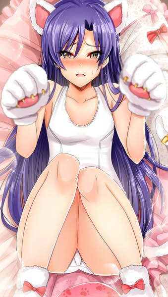 Anime picture 500x884 with idolmaster kisaragi chihaya inu (marukome) single long hair tall image looking at viewer blush fringe light erotic brown eyes animal ears purple hair bent knee (knees) tail parted lips animal tail cat ears teeth cat tail