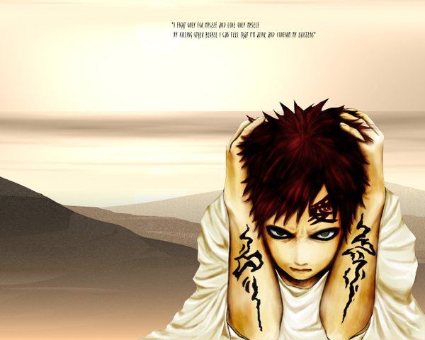 Anime picture 1280x1024 with naruto studio pierrot naruto (series) gaara single looking at viewer green eyes upper body red hair tattoo text hieroglyph horizon hand on head english angry jinchuriki spiked hair forehead mark boy