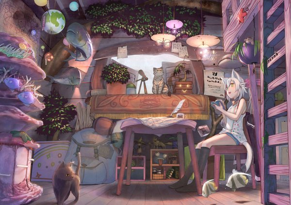 Anime picture 3000x2120 with original sachimaa blush fringe highres short hair sitting holding animal ears yellow eyes looking away bent knee (knees) white hair indoors tail animal tail looking back cat ears shadow cat girl