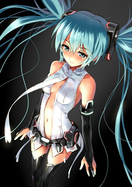 Anime picture 636x900 with vocaloid vocaloid append hatsune miku hatsune miku (append) katahira masashi single tall image blush light erotic twintails looking away aqua eyes aqua hair girl gloves boots fingerless gloves thigh boots bodysuit