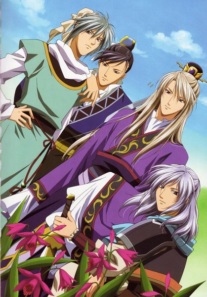 Anime picture 2826x4047 with saiunkoku monogatari shi ryuuki shi seiran li kouyuu ran shuuei long hair tall image highres short hair black hair blonde hair brown eyes green eyes sky purple hair traditional clothes green hair multiple boys chinese clothes boy