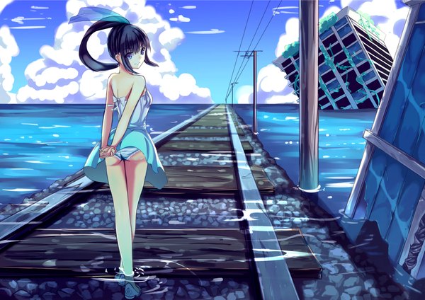 Anime picture 2047x1447 with original yan (nicknikg) single long hair looking at viewer fringe highres light erotic smile standing bare shoulders cloud (clouds) ass ponytail looking back bare legs legs sleeveless horizon bare back