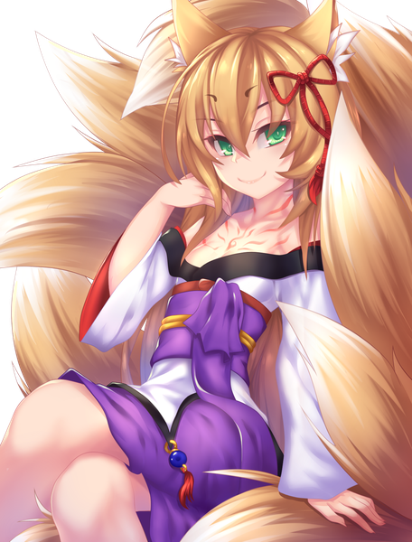 Anime picture 1300x1710 with monster girl quest (game) mon-musu quest! tamamo (monmusu quest!) tamamo (mon-musu quest!) fi-san single long hair tall image looking at viewer blush fringe blonde hair smile sitting bare shoulders green eyes animal ears tail traditional clothes japanese clothes