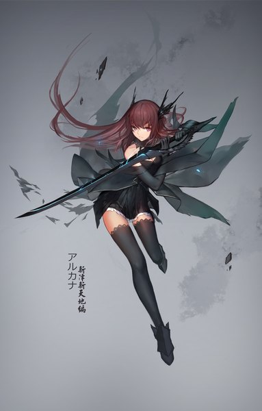 Anime picture 1359x2126 with original pixiv fantasia pixiv fantasia t arcana (pixiv fantasia t) swd3e2 single long hair tall image looking at viewer brown hair brown eyes grey background girl thighhighs dress gloves hair ornament weapon black thighhighs sword