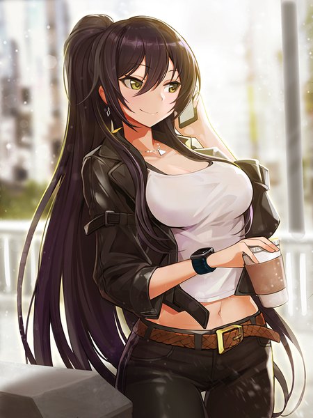 Anime picture 800x1067 with idolmaster idolmaster shiny colors shirase sakuya goomrrat single long hair tall image fringe breasts smile hair between eyes brown hair standing holding yellow eyes looking away cleavage outdoors ponytail arm up