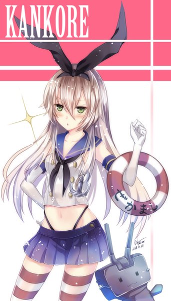 Anime picture 1181x2071 with kantai collection shimakaze destroyer nozomi fuuten long hair tall image looking at viewer blush open mouth blonde hair green eyes midriff zettai ryouiki girl thighhighs gloves navel miniskirt elbow gloves striped thighhighs sailor suit