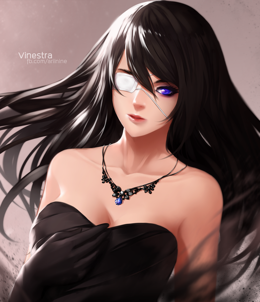 Anime picture 1000x1160 with original ariinine single tall image looking at viewer blue eyes black hair bare shoulders very long hair girl dress gloves black gloves black dress pendant eyepatch strapless dress