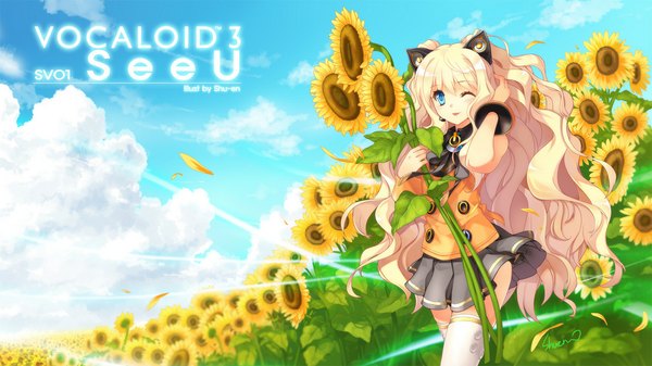 Anime picture 1024x576 with vocaloid seeu shuen long hair blue eyes blonde hair wide image cloud (clouds) one eye closed wink girl thighhighs skirt flower (flowers) miniskirt white thighhighs sunflower