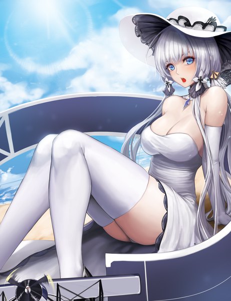 Anime picture 2500x3250 with azur lane illustrious (azur lane) kibellin single long hair tall image looking at viewer blush fringe highres breasts open mouth blue eyes light erotic hair between eyes large breasts sitting twintails bare shoulders sky